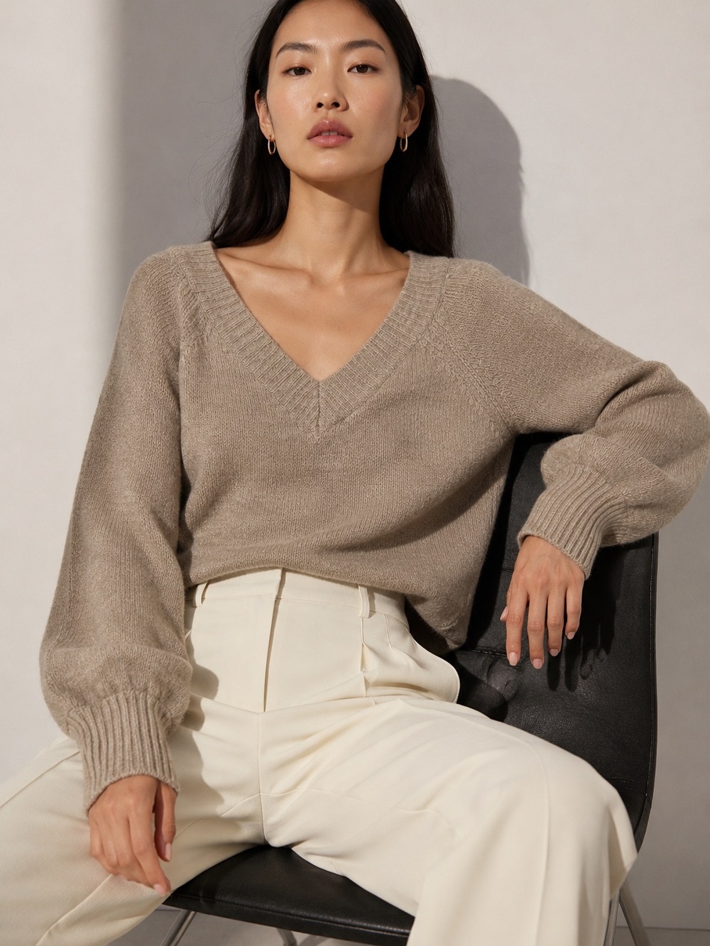 Jason Wu Taupe V-Neck Balloon Sleeve Sweater S/P *
